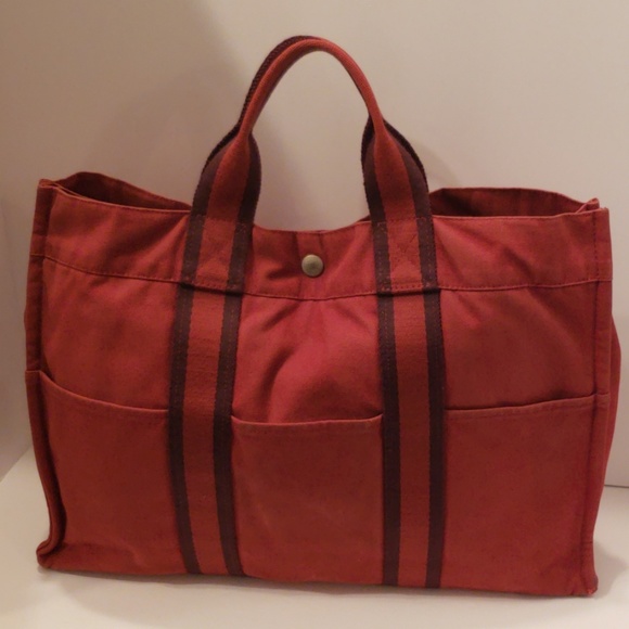 Hermes Burgundy Canvas Tote Bag - Picture 2 of 8